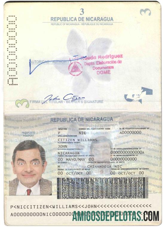 Passaporte da Nicarágua exemplo